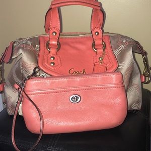 Peach and tan coach purse and wallet